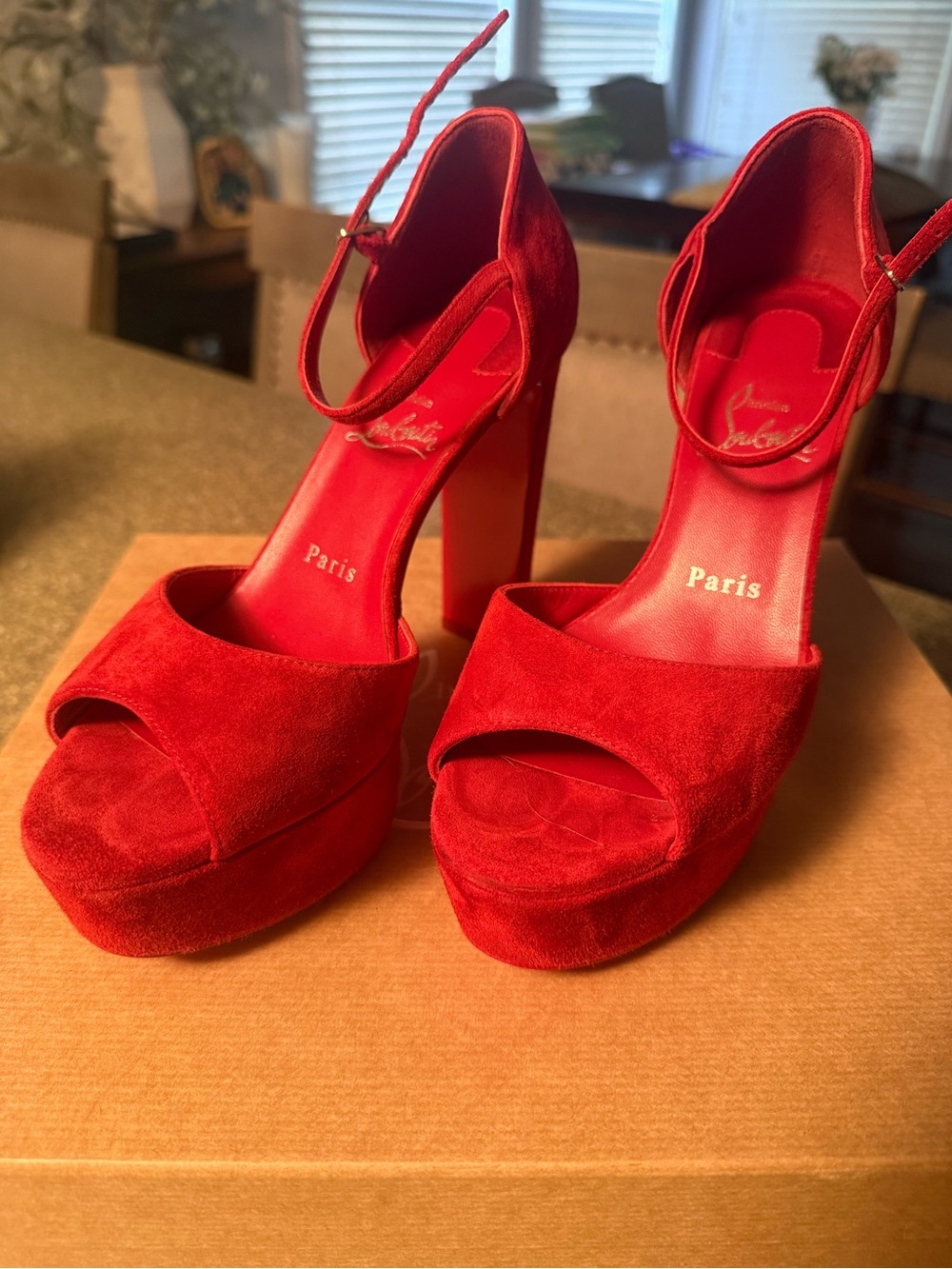 Christian Louboutin Red Suede Platform Peep-Toe Ankle Strap Heels